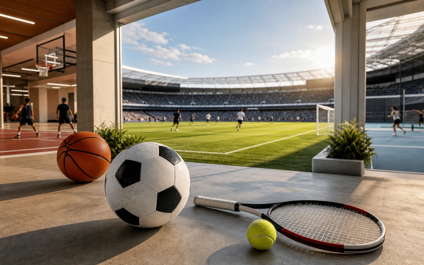 Futbol, basketbol ve tenis alanlarını bir araya getiren modern spor kompleksi